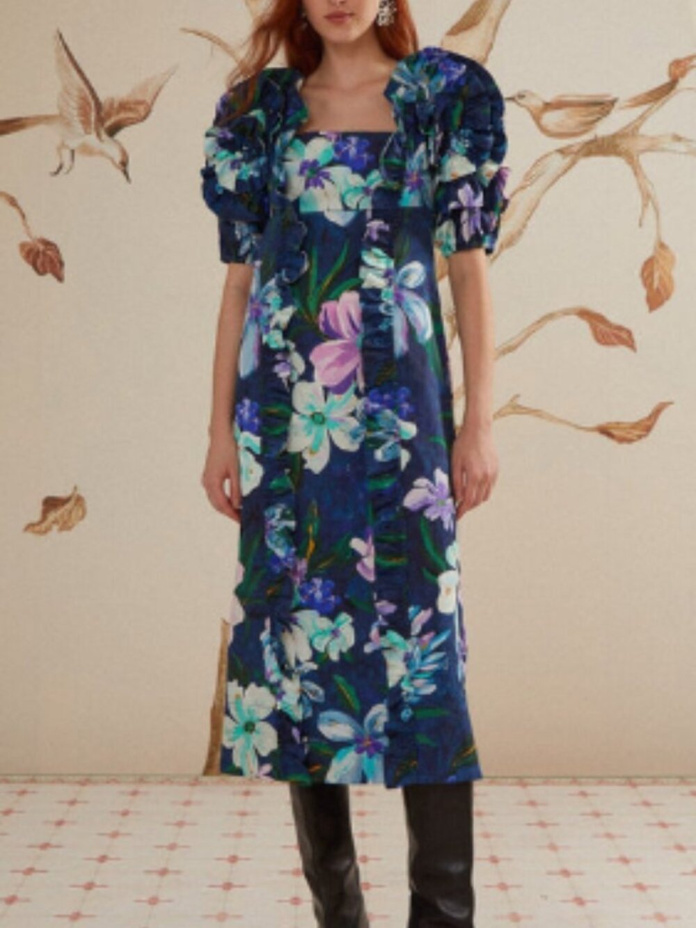NWT FARM Rio Floraline Ruffle Midi Dress Blue Purple Floral Cotton Size S